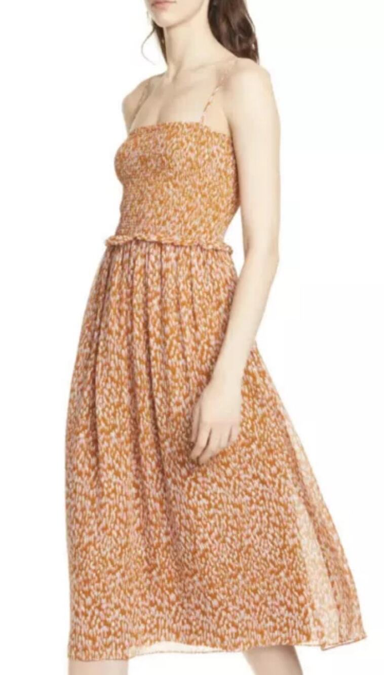 Joie Ambroise Copper Brown Women's Dress Summer A-Line M Smocked Strappy Flowy